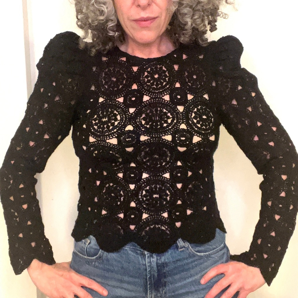 Black Lace Crochet Puff Sleeve Lace Top Goth Glam Romantic Boho Blouse XS-S